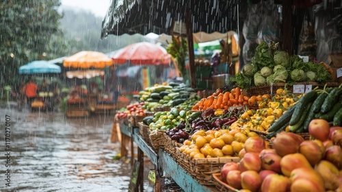 Colorful Fresh Vegetables and Fruits Stalls in Rainy Market Scene