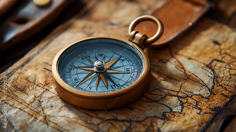 Antique Brass Compass Rests on Aged Map Antique Brass Compass Rests on Aged Map