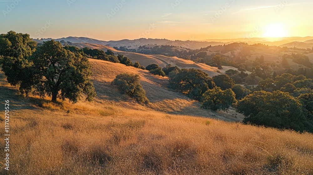 Golden Hour Over Rolling Hills with Trees in Rural Landscape Golden Hour Over Rolling Hills with Trees in Rural Landscape