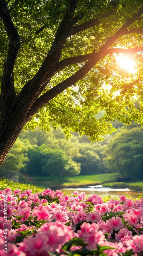 Obraz premium Sunlit garden scene with pink peonies blooming under a large tree near a tranquil stream.