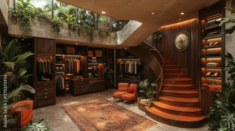Fototapeta premium Stylish indoor space with staircase and greenery.
