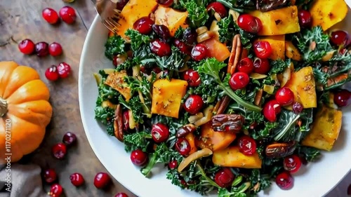 Roasted butternut squash, cranberries, pecans, and kale create a vibrant and healthy autumn salad. Perfect for Thanksgiving or any fall gathering.