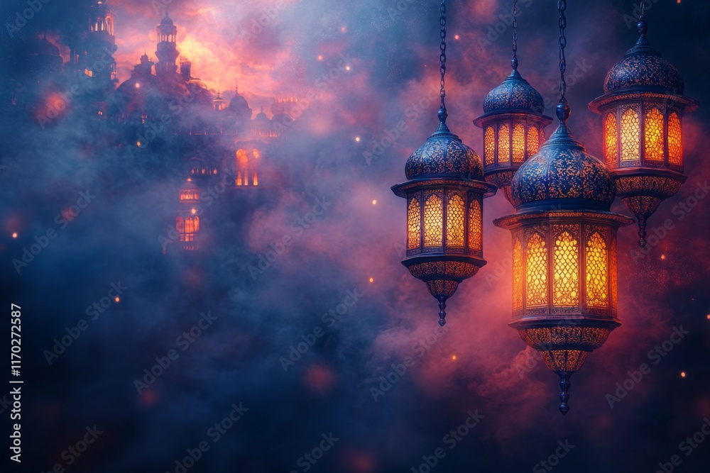Intricate lanterns glowing in a mystical misty night Intricate lanterns glowing in a mystical misty night