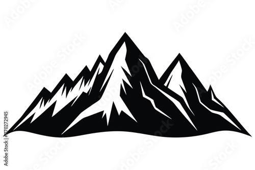 Detailed black and white vector illustration of mountain range silhouette with snowy peaks