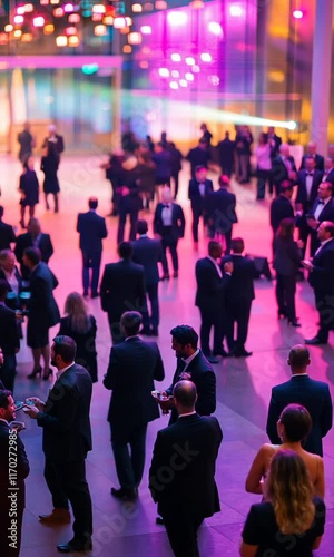  A bustling networking event with professionals in suits amidst vibrant lighting.