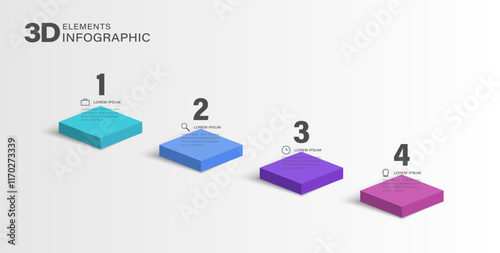 4 steps, option or levels infographic design with 3d or isometric squares and business icons. Modern elements for presentation, workflow layout, timeline infographics