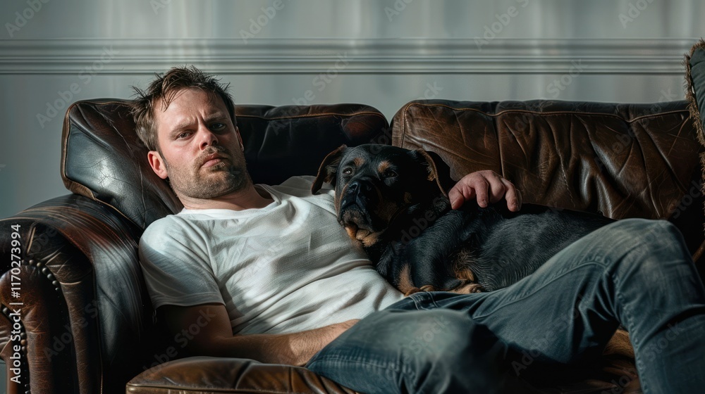 man sitting on the sofa with his dog man sitting on the sofa with his dog