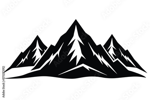 Detailed black and white vector illustration of mountain range silhouette with snowy peaks