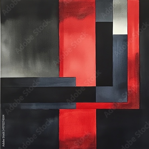 Russian constructivist-inspired minimalist watercolor border, bold red and black washes, geometric simplicity photo