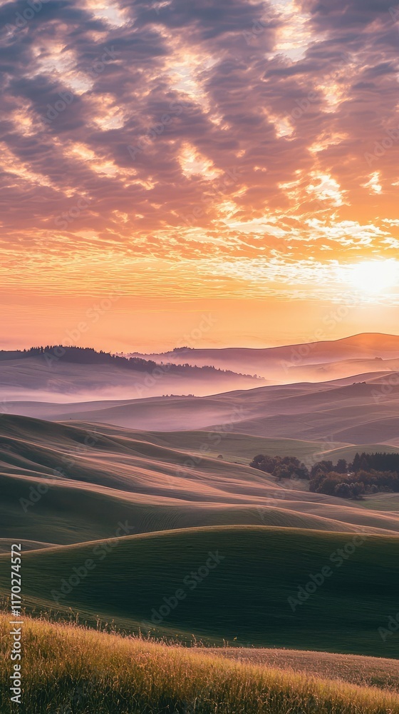 Serene Landscape at Sunset with Rolling Hills and Colorful Sky Serene Landscape at Sunset with Rolling Hills and Colorful Sky