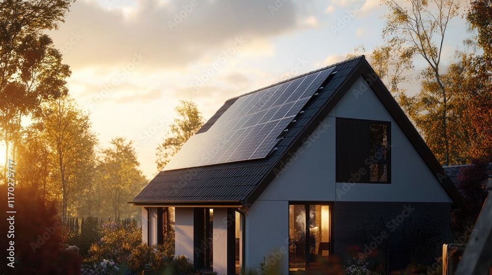 A modern house with solar panels basking in the warm glow of sunset. A modern house with solar panels basking in the warm glow of sunset.