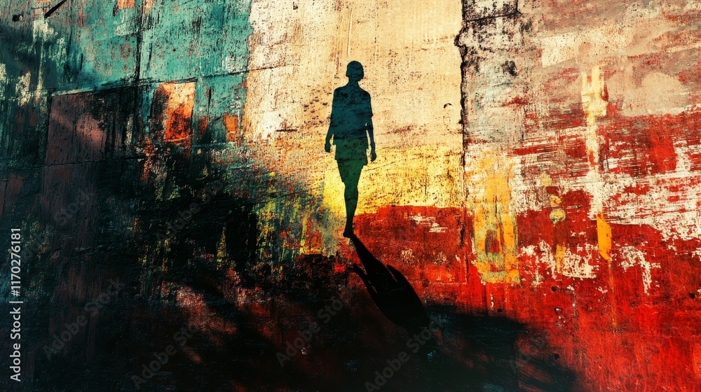 Obraz premium Urban Solitude: Ominous Shadow of a Lone Walker in Gritty Alley Cityscape