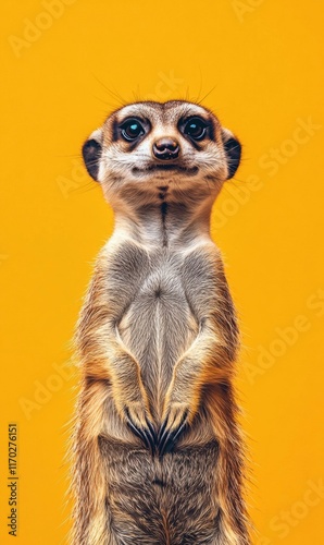 Wallpaper Mural A meerkat standing tall against a vibrant yellow background. AI. Torontodigital.ca