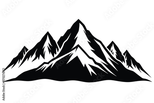 Detailed black and white vector illustration of mountain range silhouette with snowy peaks