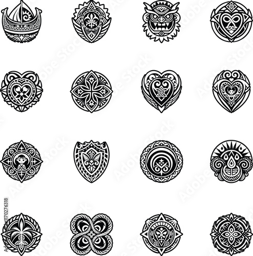 Set of Glyph Style Polynesian Culture Symbol Icons 

