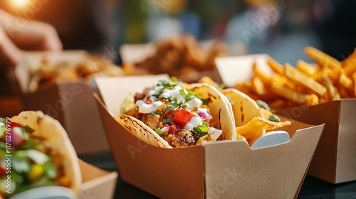 Street food favorites in paper boats, tacos, sliders, fries, casual styled photography, natural light