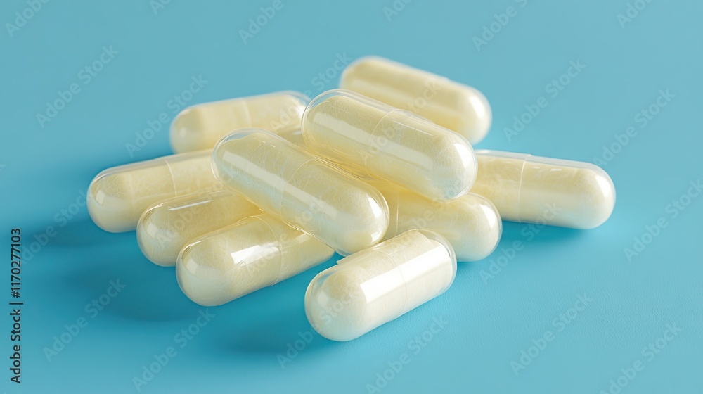Stack of antibiotic capsules on a blue background, 3D render Stack of antibiotic capsules on a blue background, 3D render