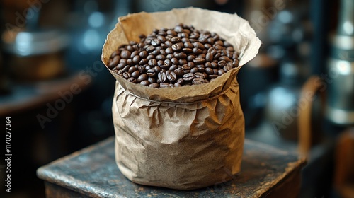Roasted coffee beans in a paper bag on a rustic wooden surface.