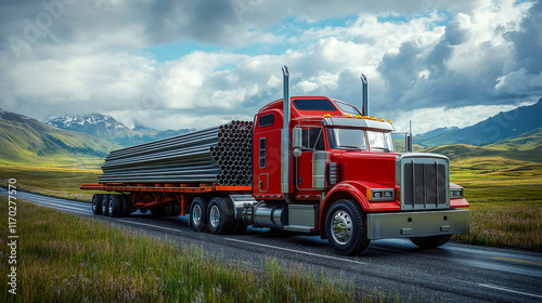 A truck pulling a flatbed trailer with large steel beams