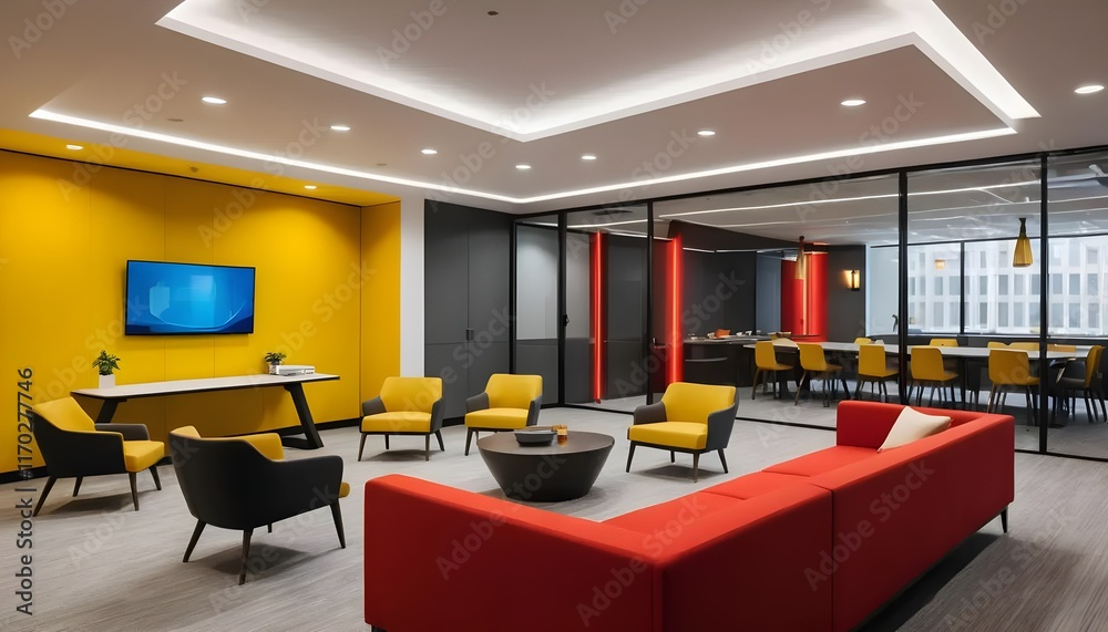 Modern Office Space with a Formal Meeting Room and Relaxation Area Featuring Warm Yellow and Red Lighting Modern Office Space with a Formal Meeting Room and Relaxation Area Featuring Warm Yellow and Red Lighting