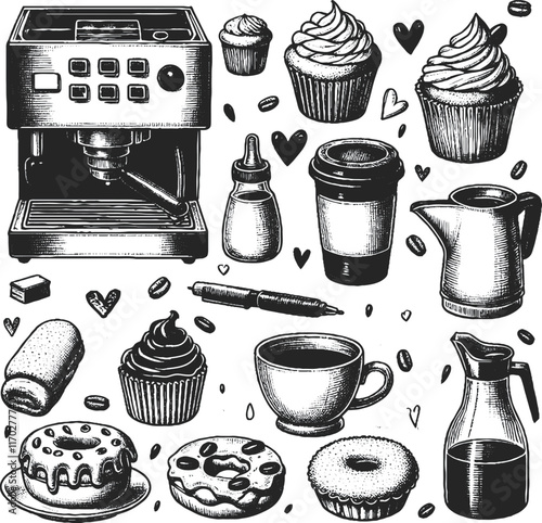 black and white graphic image of a set of attributes for a coffee shop