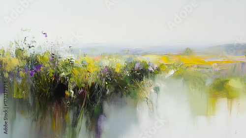 Impressionistic Landscape Painting of Wildflowers and Distant Fields