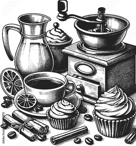 black and white graphic image of a set of attributes for a coffee shop