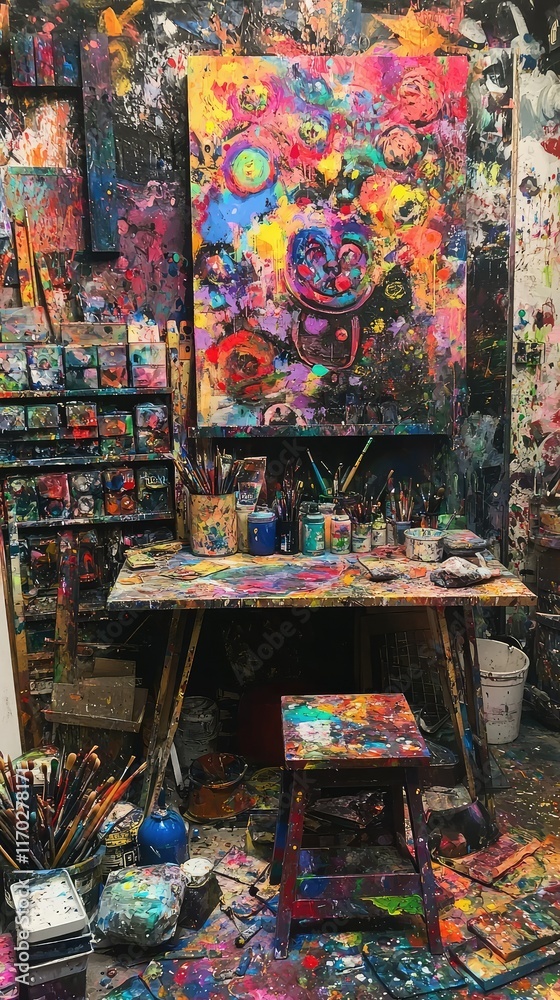 Naklejka premium Colorful Artist Studio Filled with Paints and Creative Chaos