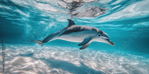 Graceful dolphin swimming in clear ocean water. AI.