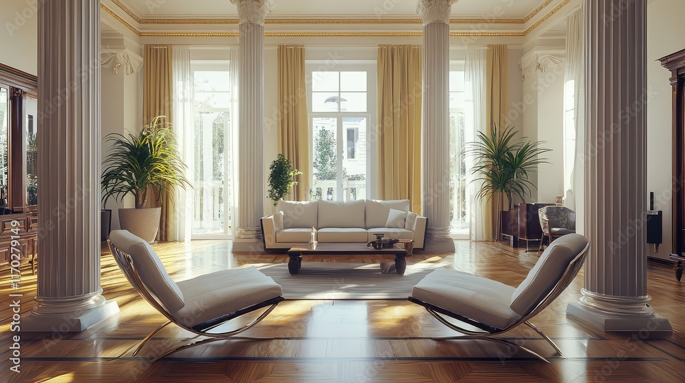 Fototapeta premium Elegant Modern Living Room with Tall Columns and Bright Windows