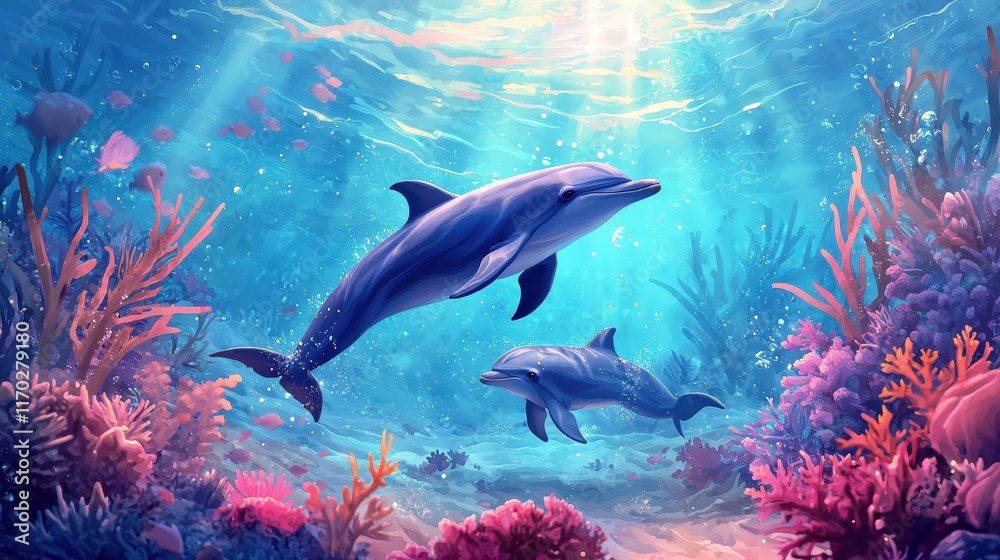 Obraz premium A dolphin guiding her calf through coral reefs.