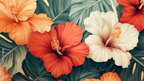 Wallpaper Mural Vibrant hibiscus flowers and lush tropical leaves in a close-up view. Torontodigital.ca