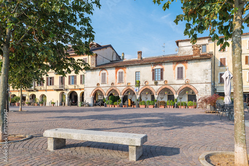 Lake Maggiore, Arona, Italy. Tourist town on Lake Maggiore, Piedmont shore. Historic center overlooking the lake, piazza del Popolo, the oldest and most characteristic part of the city