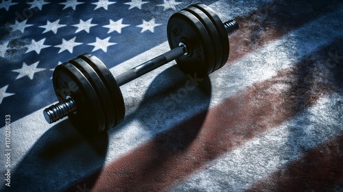 Dumbbells on USA flag, combining fitness with patriotism, symbolizing strength, American pride, and workout dedication space for text or design