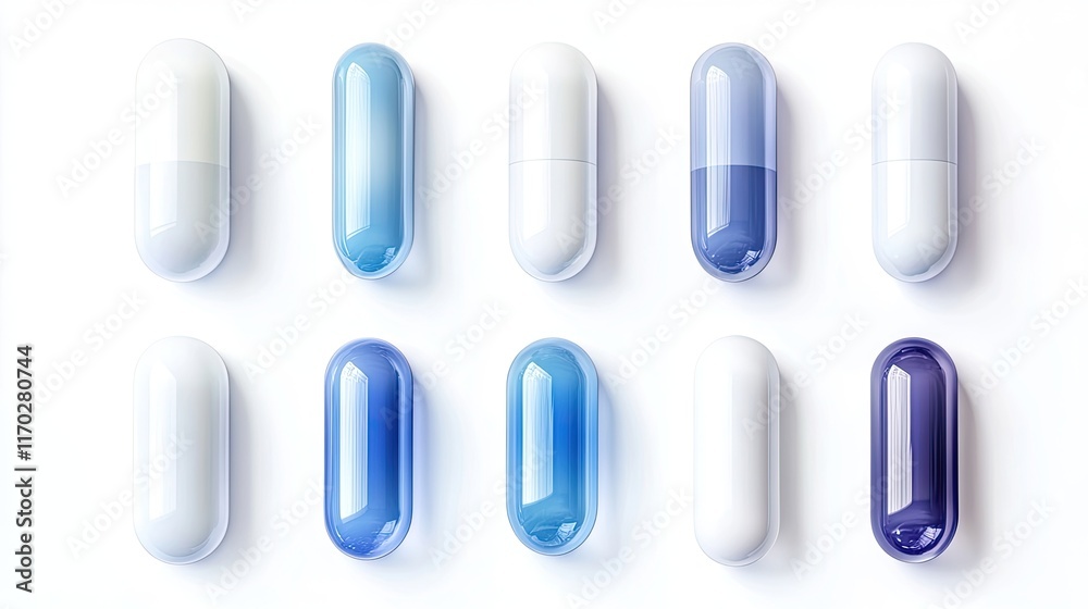 Set of white and blue capsules isolated on white background, top view Set of white and blue capsules isolated on white background, top view