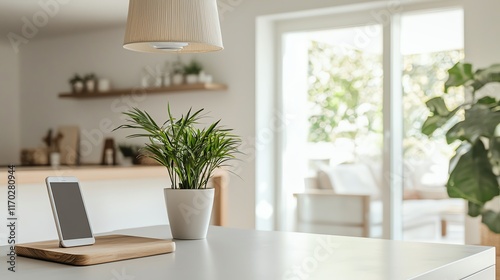 A cozy suburban home with a smart security camera mounted above the front door, streaming live feeds to a smartphone on a clean white table