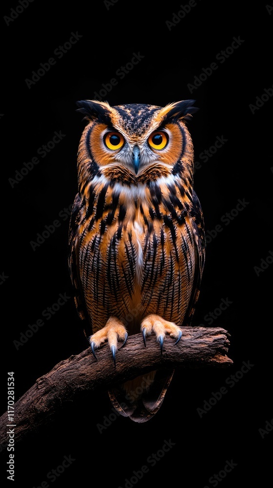 Naklejka premium Majestic owl perched on a branch against a black background.