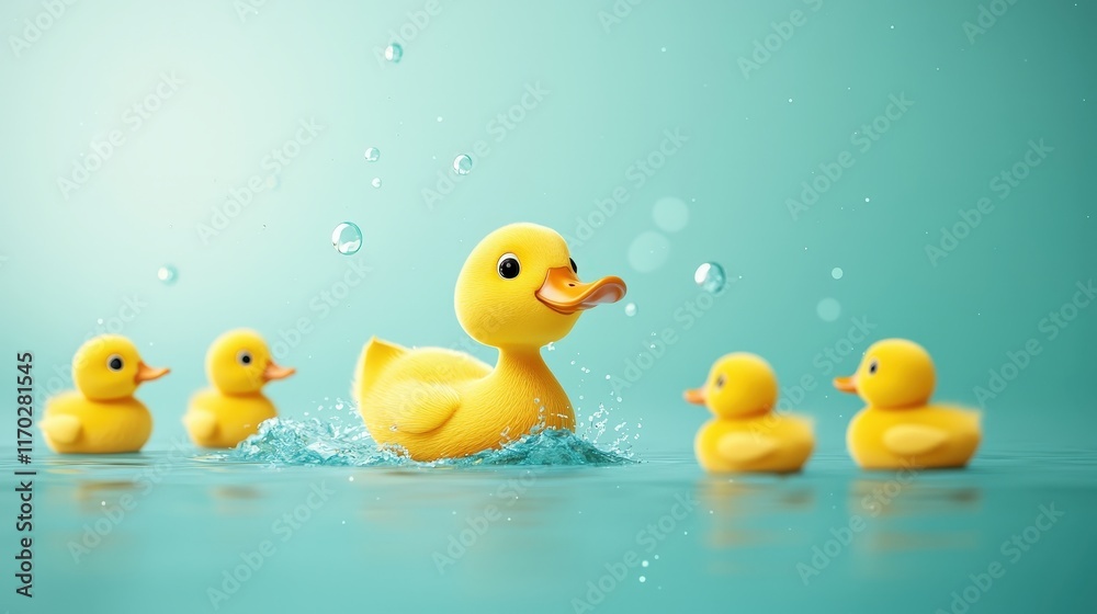 A duck diving for food while her ducklings wait nearby. A duck diving for food while her ducklings wait nearby.