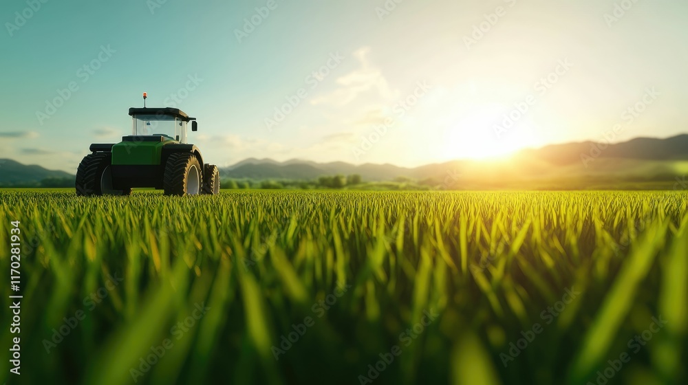 Fototapeta premium Tractor in a green field at sunset.