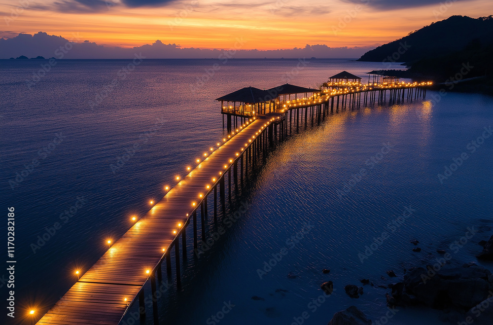 Obraz premium A long wooden pier lit up with LED lights leads into the ocean at sunset, with an island in view and calm waters