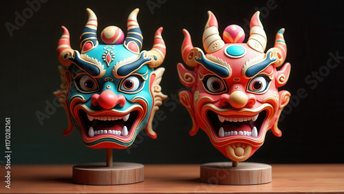 Colorful Tibetan Demon Masks, 3D Render - 3D renders