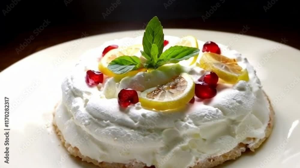 Pavlova with candied lemon, pomegranate, and mint on fine china under dramatic lighting Pavlova with candied lemon, pomegranate, and mint on fine china under dramatic lighting