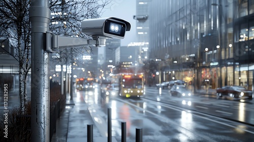 A night cityscape showcasing intelligent surveillance cameras mounted on street poles, glowing softly while capturing the dynamic movement of vehicles and pedestrians photo