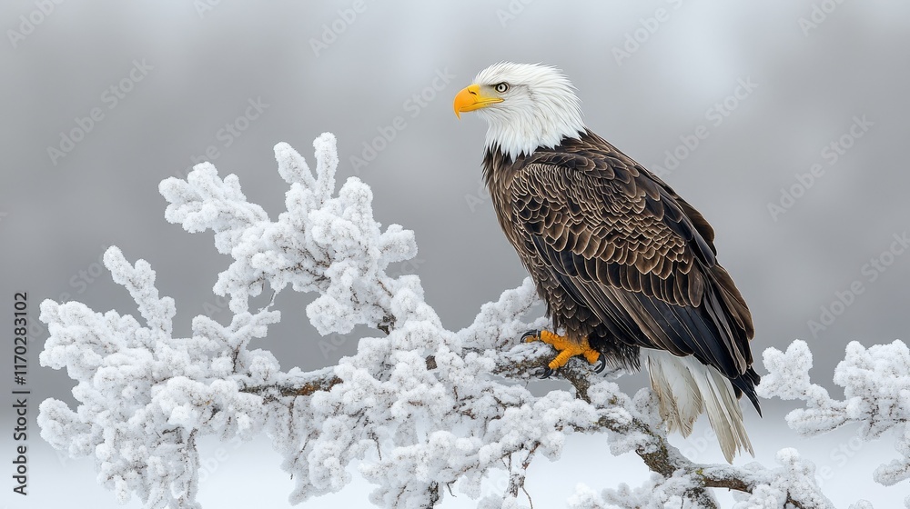 Majestic bald eagle perched on a snow-covered branch in a wintery landscape. Majestic bald eagle perched on a snow-covered branch in a wintery landscape.
