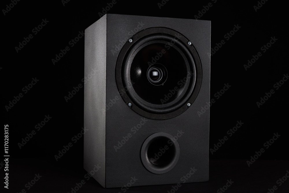 Black speaker on a black background with a bass reflex Black speaker on a black background with a bass reflex