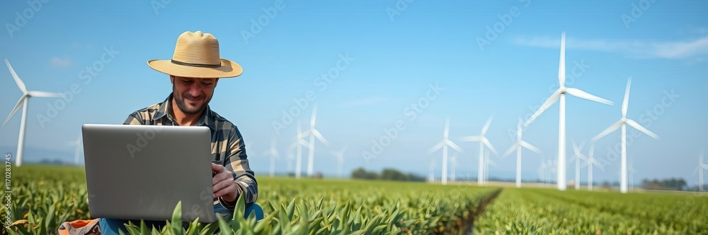 Blurred farmer working on laptop in field with focus on wind turbines, sustainable farming, agriculture digitalization, farmer, modern Blurred farmer working on laptop in field with focus on wind turbines, sustainable farming, agriculture digitalization, farmer, modern