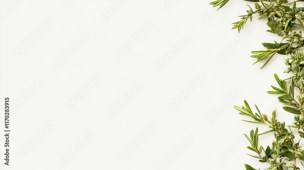 Rosemary and Thyme Border on White Background: Fresh Herbs Flat Lay Rosemary and Thyme Border on White Background: Fresh Herbs Flat Lay