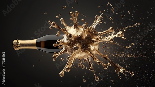 Golden Champagne Explosion: A 3D Render for New Year's Eve Celebration AI Generated photo