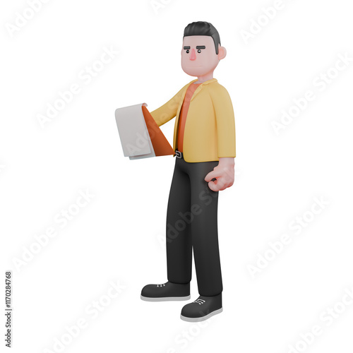 Designer Roles in Art Set 3D Model. A male designer set stands with his left hand clenched, holds a clipboard in his right hand, an expression of looking at something in front of him. Cartoon Style
