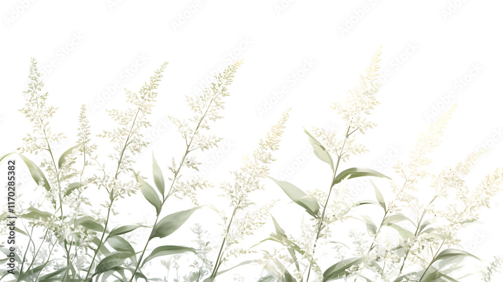Fototapeta premium Delicate White Flowers and Green Leaves on White Background